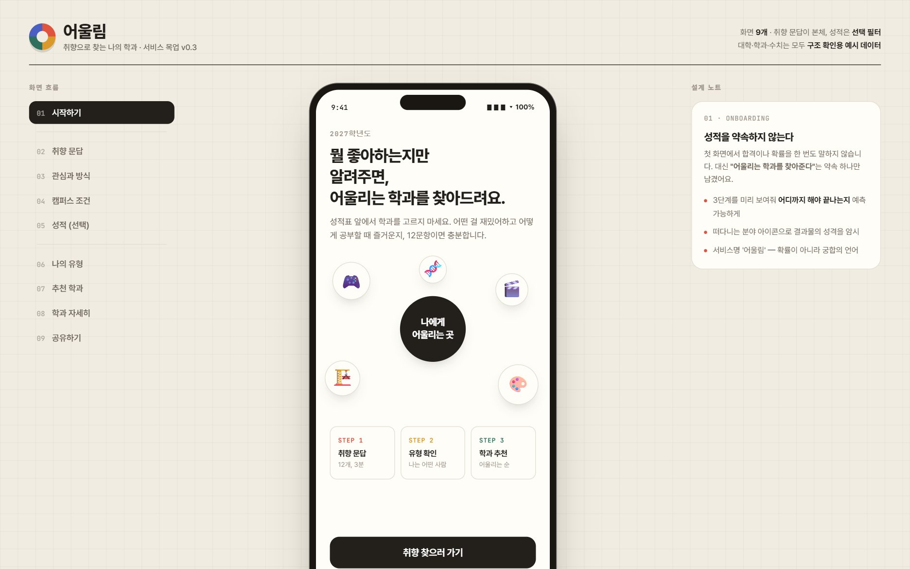 Unimate 어울림 — 취향으로 찾는 학과 추천 화면